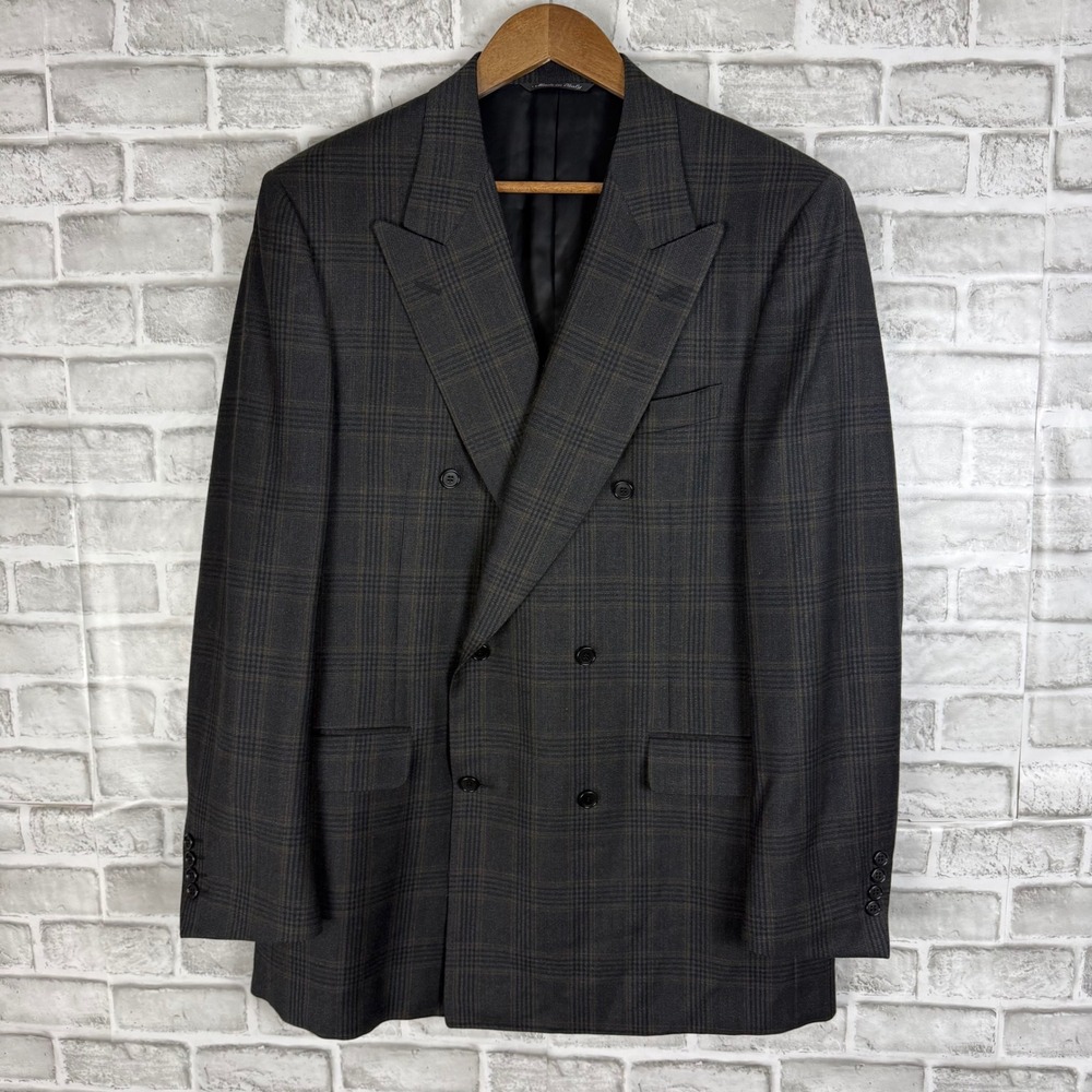 Canali Mens Double Breasted Wool Blazer Charcoal Grey Plaid Peak Lapel Italy 42L